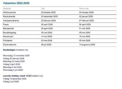Vakantierooster & studiedagen 2025-2026